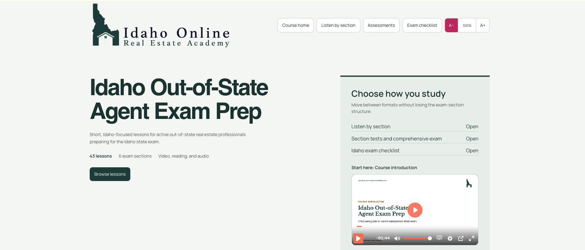 Actual course home with Idaho lessons organized by exam section